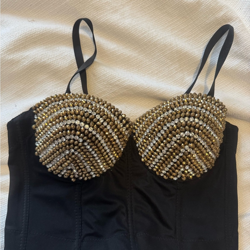 Funky Black Bustier with Gold Beaded Cups